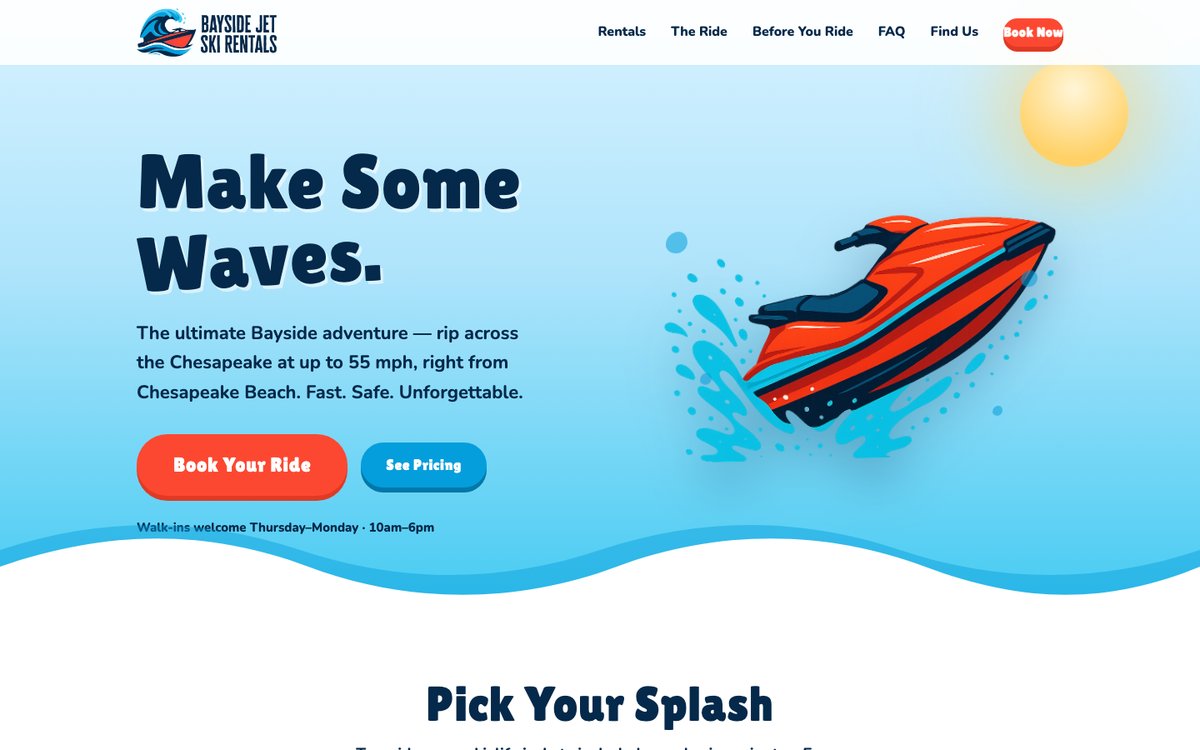 Preview of the new Bayside Jet Ski Rentals homepage design